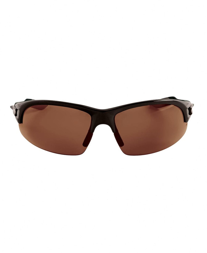 Polarised sunglasses in a sleek black frame with brown lenses. Includes branding on the frame.
