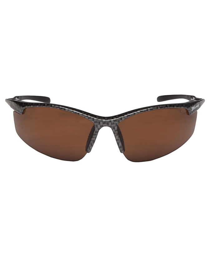 A pair of polarised sunglasses featuring dark brown lenses and a black patterned frame, accompanied by a logo.