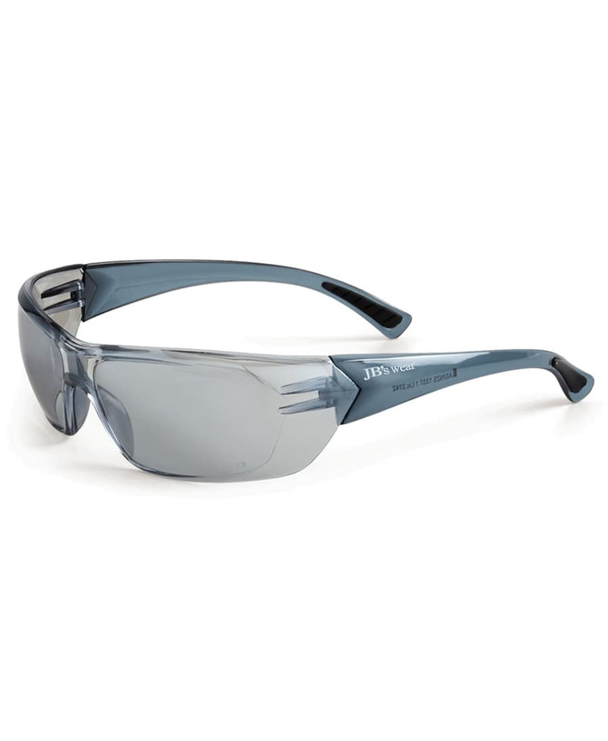 A pair of blue and silver mirror sunglasses with a sleek design and a logo on the side.