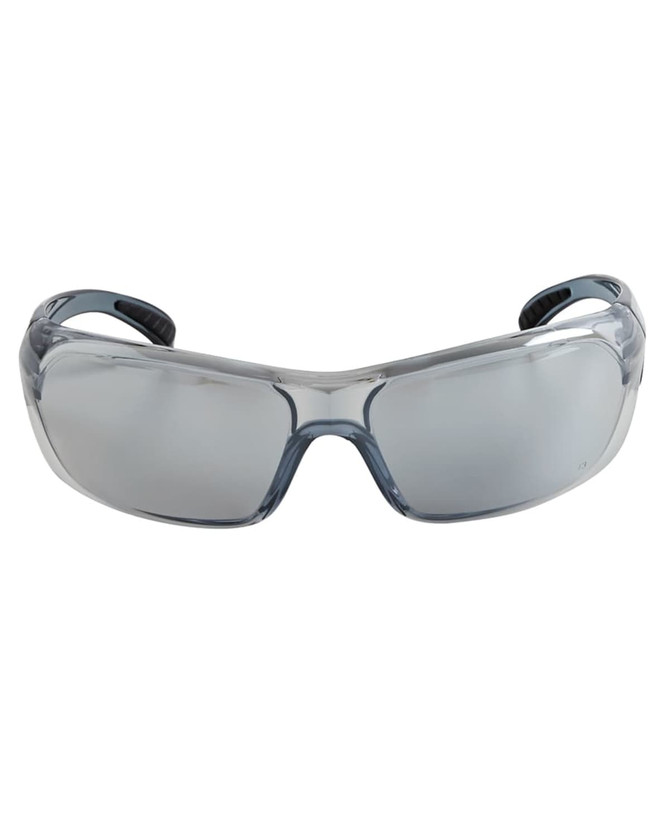 Blue and silver mirrored sunglasses with a sleek design and a logo on the side.