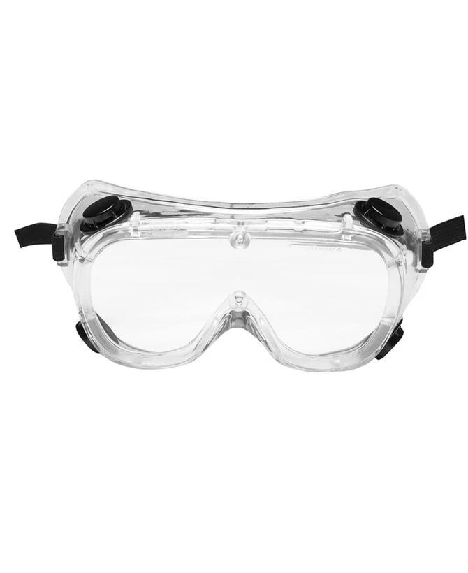 A clear vented goggle with adjustable straps and a logo, designed for health and personal use.