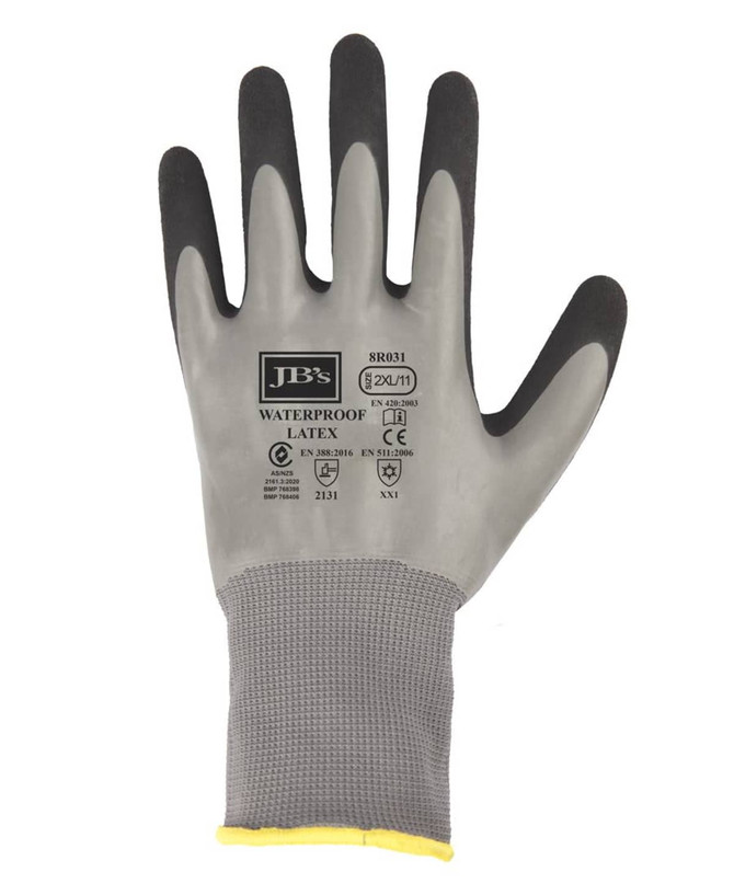 A grey and black waterproof double latex coated glove with a textured grip and a knitted wrist. Features a logo.