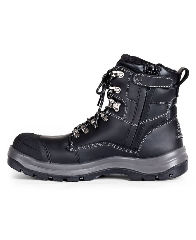 A black boot featuring a textured upper, laces, and a side zip, suitable for cold weather conditions.