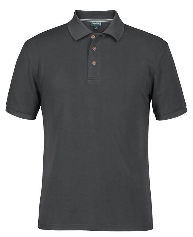 A dark grey polo shirt featuring a collar and three-button placket, with a logo on the chest.