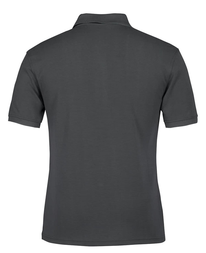 A dark grey polo shirt with a classic collar and short sleeves, featuring a logo on the back.