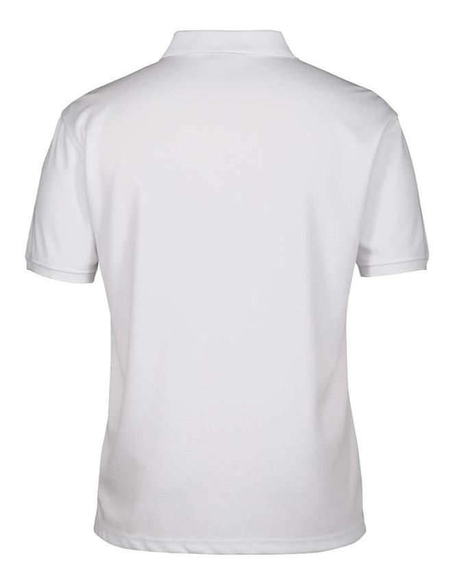 A white polo shirt with a collar and short sleeves, featuring a logo on the back.