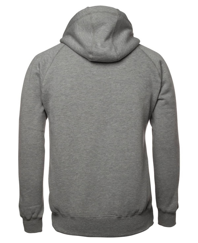 A grey hoodie with a hood and long sleeves, featuring a simple design and a logo on the back.