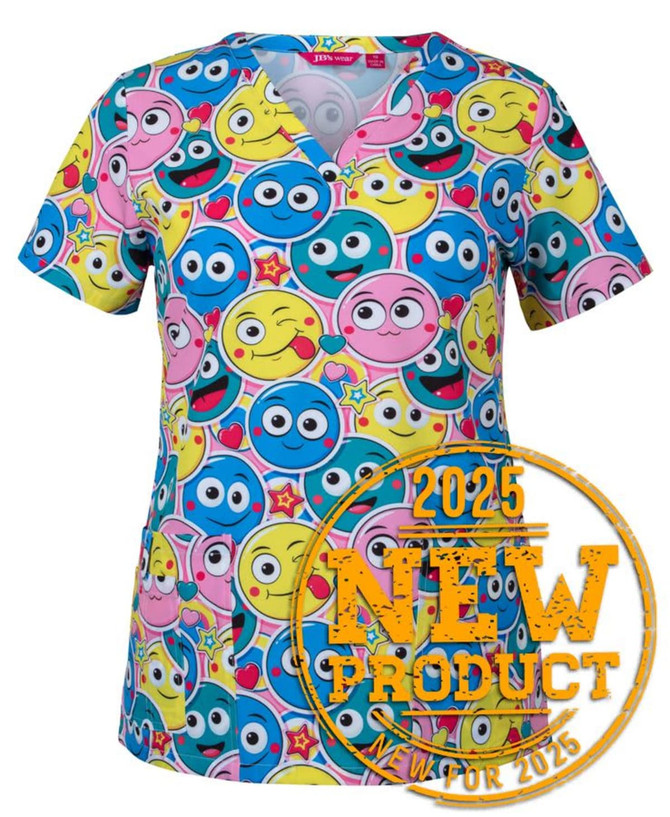 A colourful scrub top featuring playful emoji patterns in blue, pink, and yellow. It has a logo.