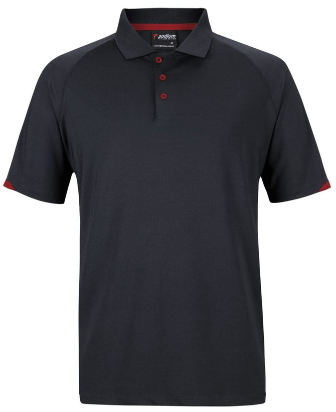 A black polo shirt with red accents, featuring a three-button placket and a logo on the chest.