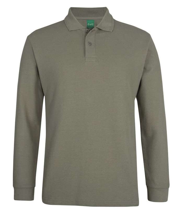 A long-sleeve, olive-green cotton polo shirt with a collar and a logo.