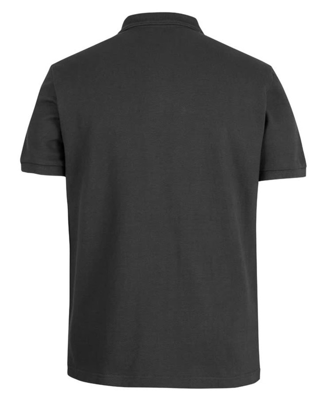 A black polo shirt with a classic collar and short sleeves, featuring a logo on the upper back.
