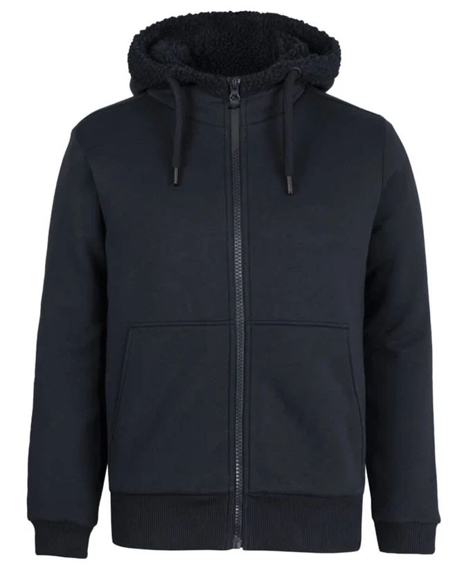 A navy blue full zip hoodie featuring a sherpa-lined hood and front pockets. The hoodie has a branding logo.