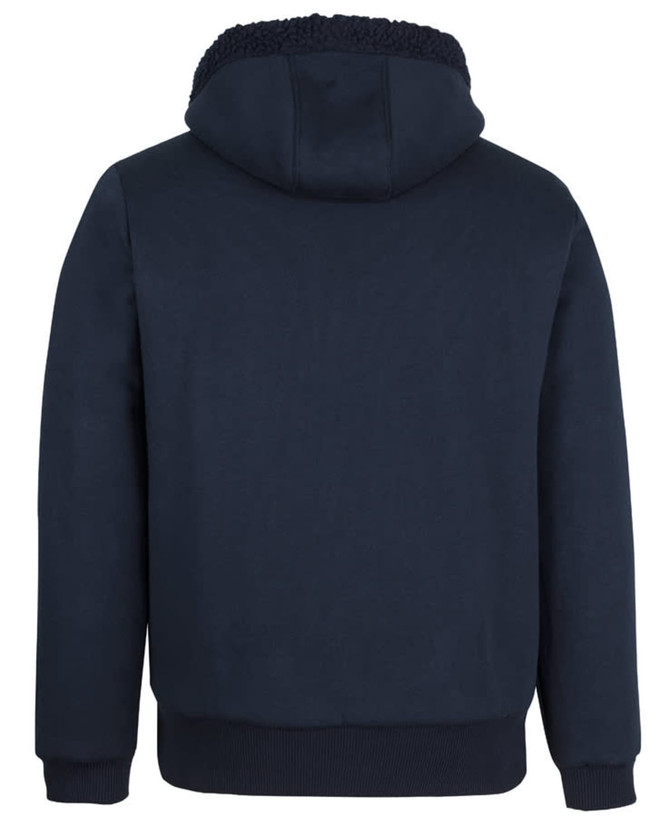 A navy blue full zip hoodie with a hood and textured lining, featuring a simple design and ribbed hem.