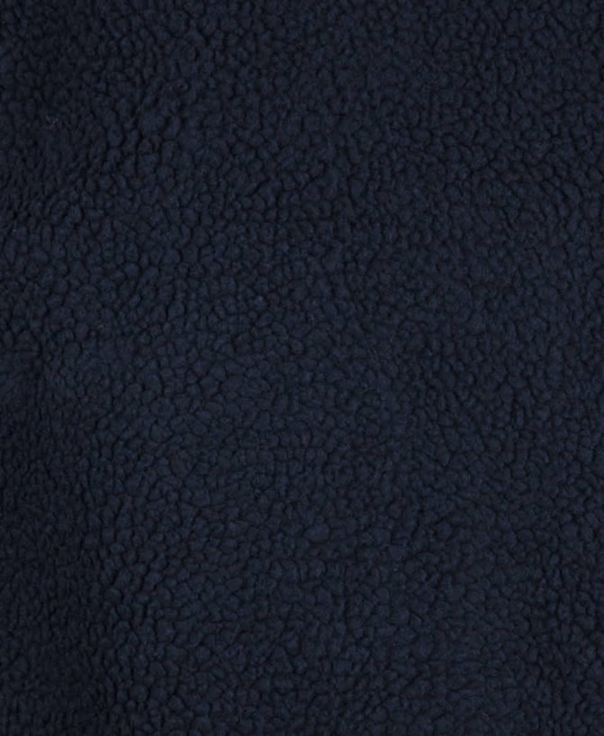 A dark navy fleece fabric with a textured surface, suitable for hoodies. Features a branding logo.