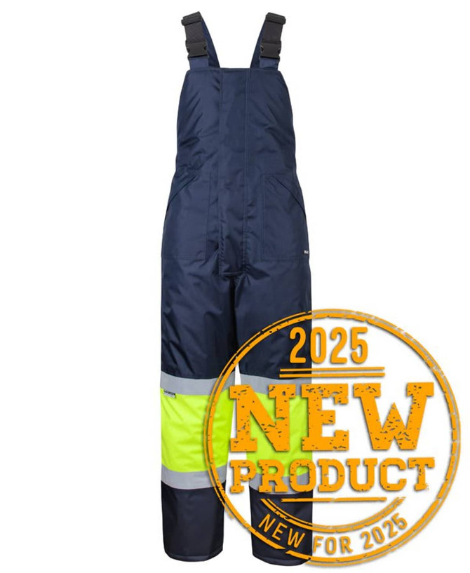 A navy and lime bib and brace with reflective tape, featuring adjustable straps and a logo. Safe wear for various environments.