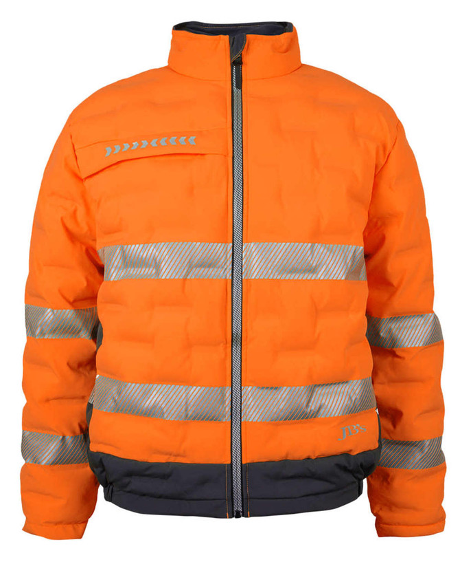 An orange puffer jacket with reflective stripes and a black lower trim, featuring a logo on the front.
