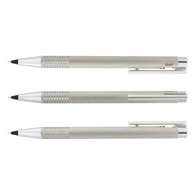 A set of three Lamy Logo pencils in brushed steel, featuring a sleek design and silver accents.
