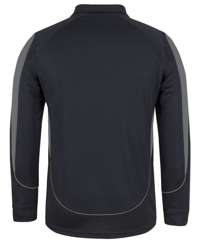 A black long-sleeve polo shirt featuring contrasting grey details and a logo on the back.