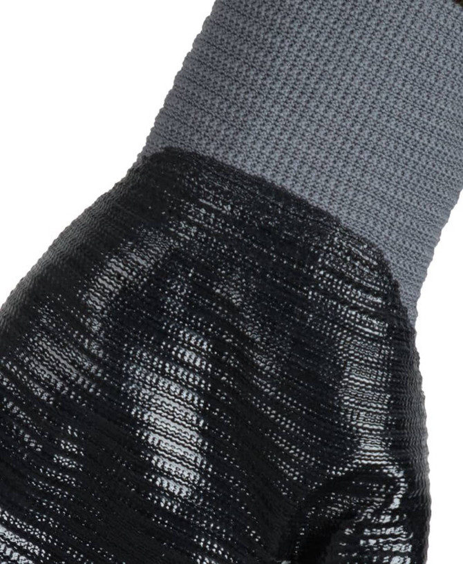A close-up of a grey and black nitrile gripper glove, featuring textured grip and knitted wrist.