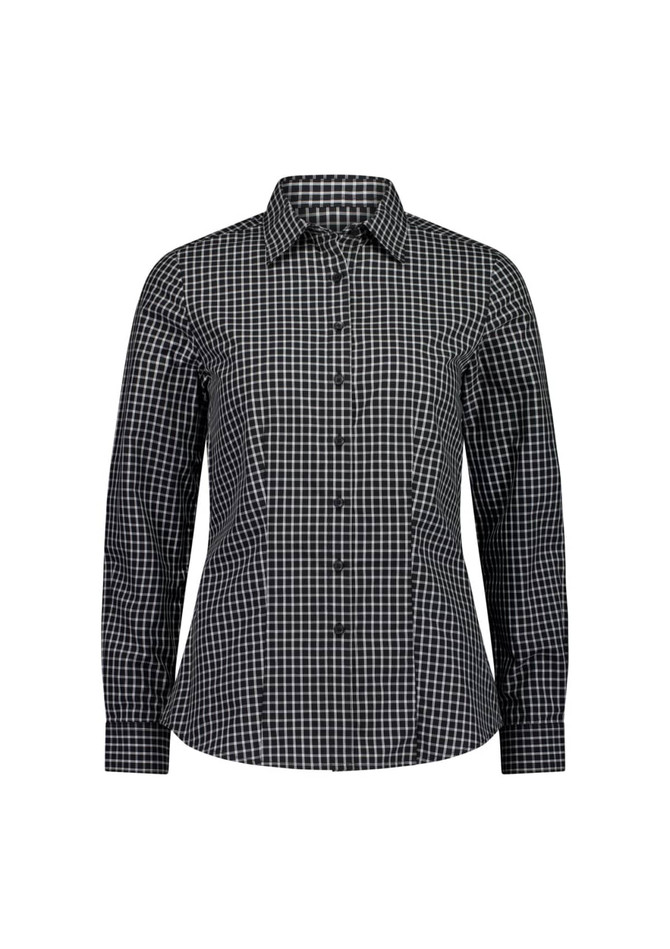 A women's long sleeve shirt featuring a black and white checkered pattern, with button-up front and a collar.
