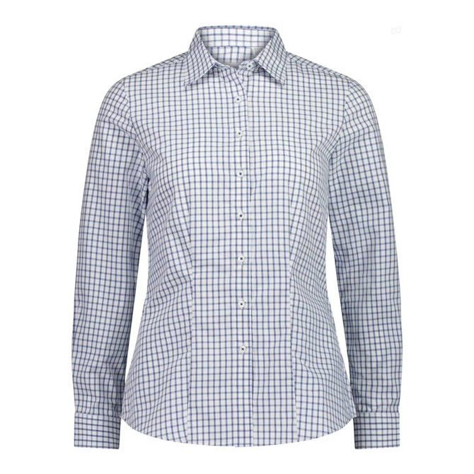 A women's long sleeve shirt with a blue and white check pattern and a collared neckline. Features a logo.