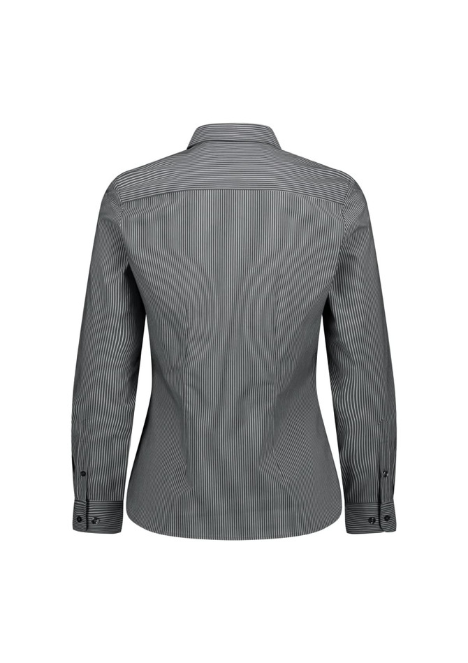 A women's long sleeve shirt featuring a back view with a grey and white striped pattern and buttoned cuffs.