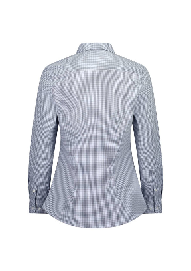 A long sleeve shirt in a blue and white gingham pattern, featuring a button-up collar and a fitted silhouette.
