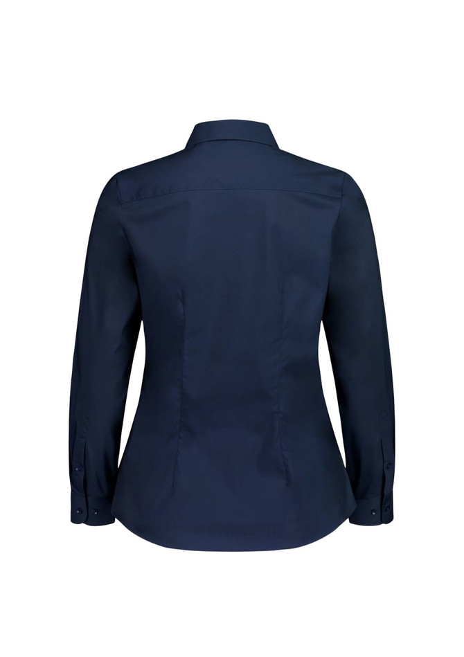 A navy blue long sleeve shirt featuring a fitted back and button-up cuffs. It has a logo on the fabric.