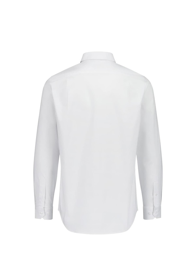 A white long sleeve shirt with a classic fit, featuring a collared neckline and buttoned cuffs. It has a logo visible.