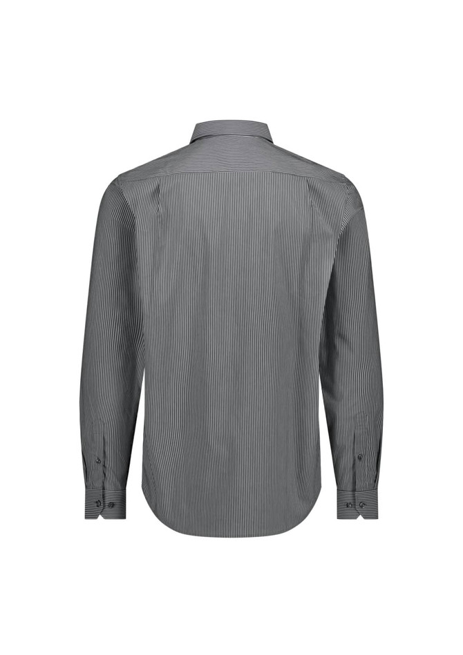 A long sleeve men's shirt in a classic fit featuring a black and white pinstripe pattern and a back view design.
