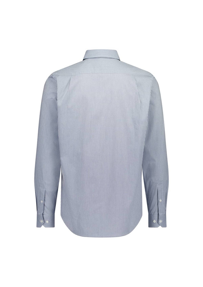 A long sleeve shirt in a blue and white check pattern, featuring a classic fit and a back view.