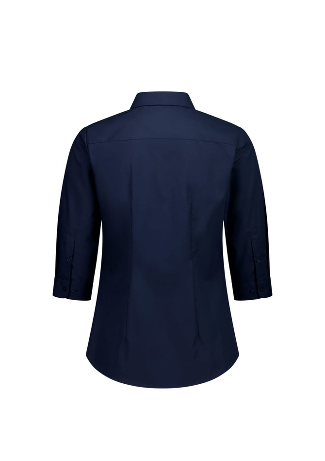 A navy blue women's 3/4 sleeve shirt with a collared neckline and buttoned sleeves. It features a logo on the back.