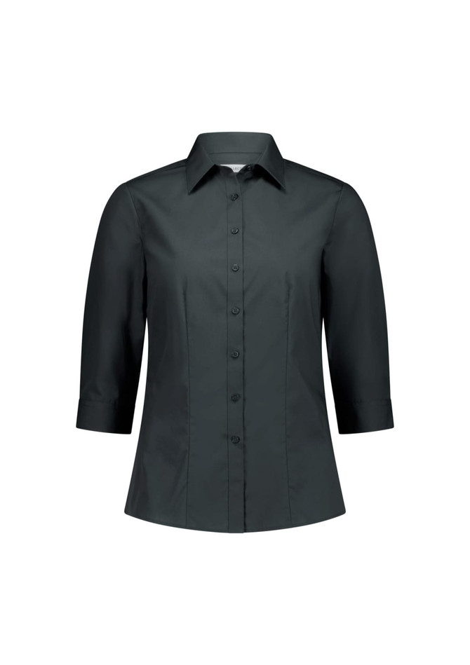 A dark grey women's 3/4 sleeve shirt with a collared neckline and buttons down the front. It features a logo on the chest.