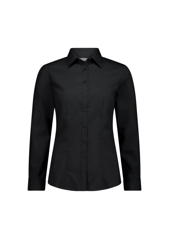 A black long sleeve women's shirt with a collared neck and button-up front, featuring a logo.