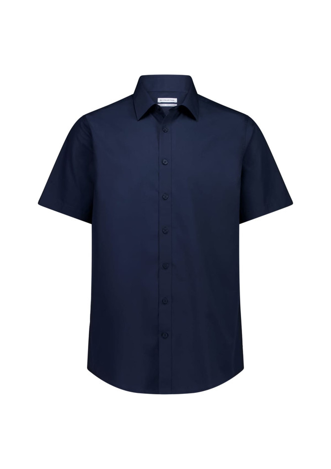 A classic fit short sleeve shirt in navy blue, featuring a button-up front and a collar, with a logo on the label.