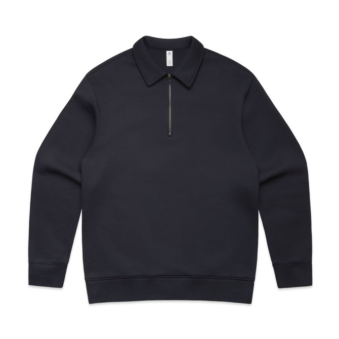 A navy blue collared sweater with a half zip, featuring long sleeves and a simple design. It has a logo on the label.