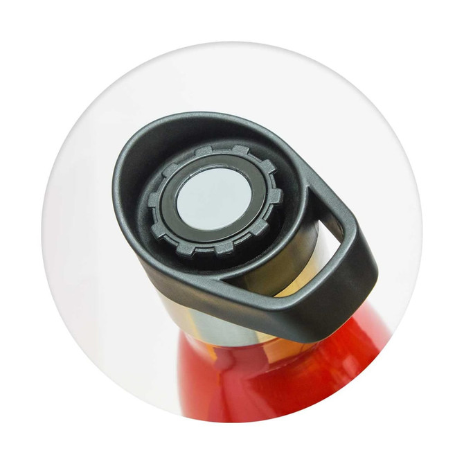 A drink bottle with a shiny red body and a black push button lid. It features a handle and has a logo.