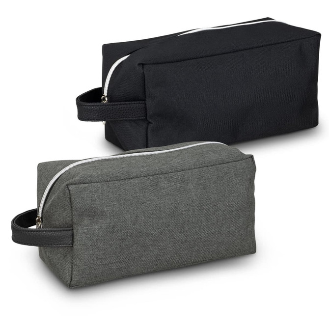 Two toiletry bags in black and grey with a textured finish, featuring a zip closure and a handle for easy carrying.