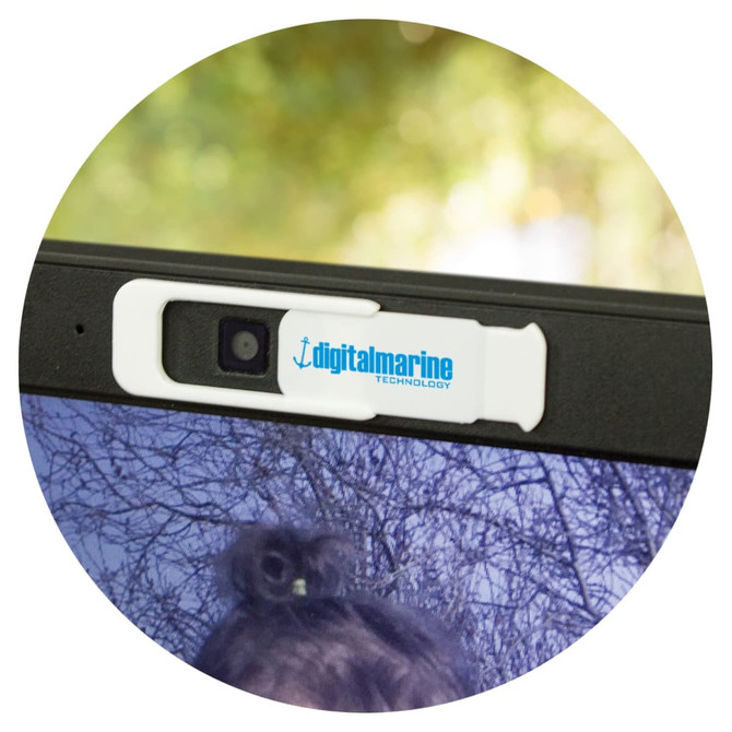 A webcam cover featuring a white design with a blue logo, designed to slide open and closed over a camera lens.