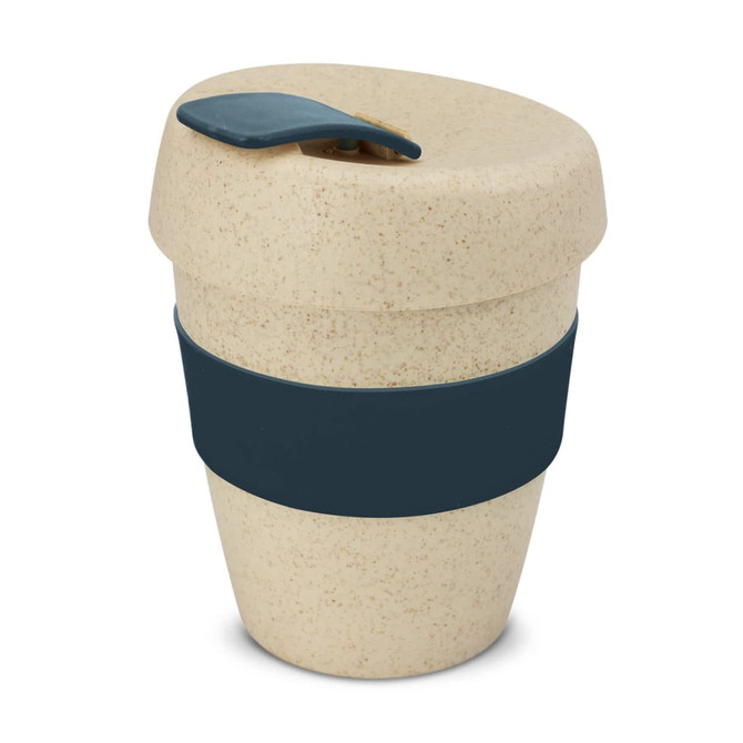 A drink bottle featuring a natural beige colour with a dark blue silicone band and a secure closing lid.