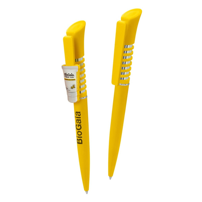 A yellow plastic pen with a unique design and a branding logo on its side.