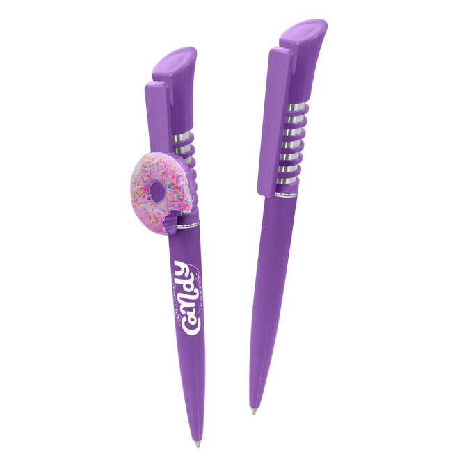 A purple plastic pen featuring a decorative donut charm and a branding logo.