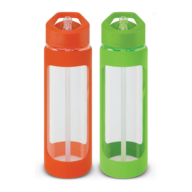 A drink bottle in orange and green with clear sections and straw, featuring a lid and a logo.
