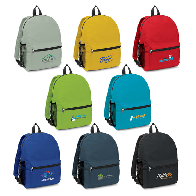 A collection of eight backpacks in various colours, featuring logos on the front pocket.