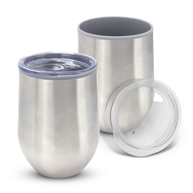 A drink bottle in stainless steel with a clear lid, featuring a smooth, curved design.