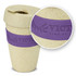 A drink bottle in natural colour with a purple silicone band and a lid, featuring a logo. Capacity of 480ml.