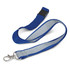 A blue reflector lanyard with a clip, featuring a contrasting inner colour and a buckle for adjustable length.