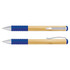 A bamboo twist pen featuring a blue grip and silver accents. The pen has branding visible.