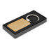 A wooden rectangle key ring in a black gift box, featuring a metal key ring attachment.