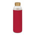 A drink bottle with a clear glass body, red neoprene sleeve, and a wooden lid. It features a logo.